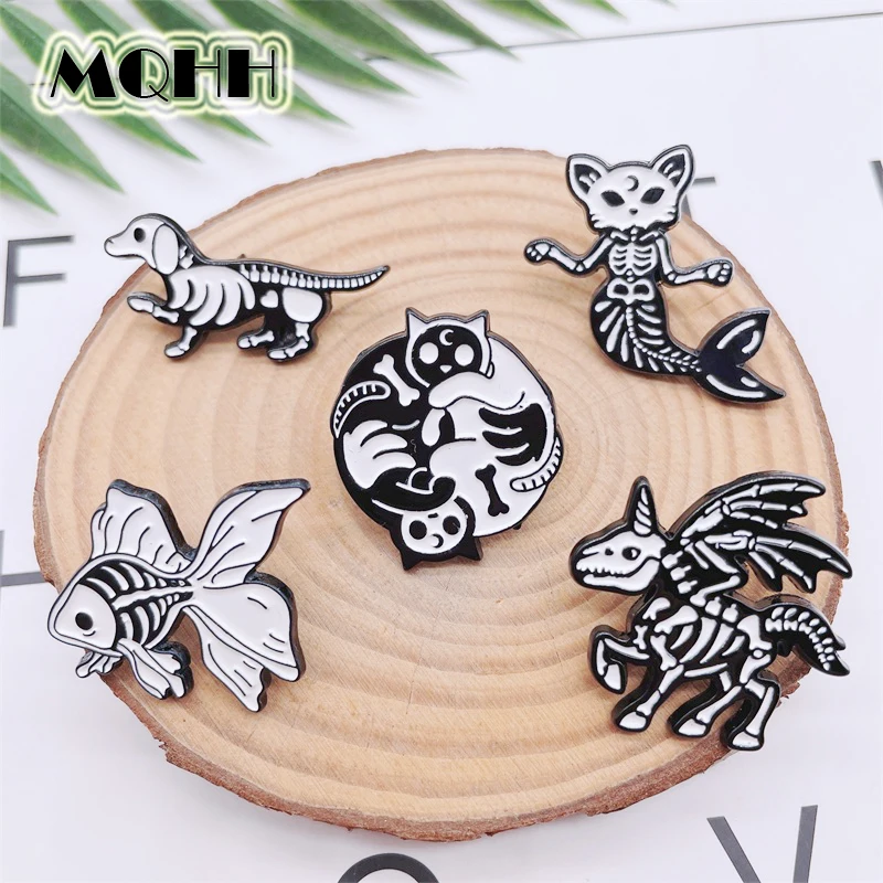 Creative Black Animal Bones Skeleton Enamel Pins Cat Dog Fish Horse Alloy Brooch Punk Badge Clothes Accessories Jewelry Gifts | Украшения и