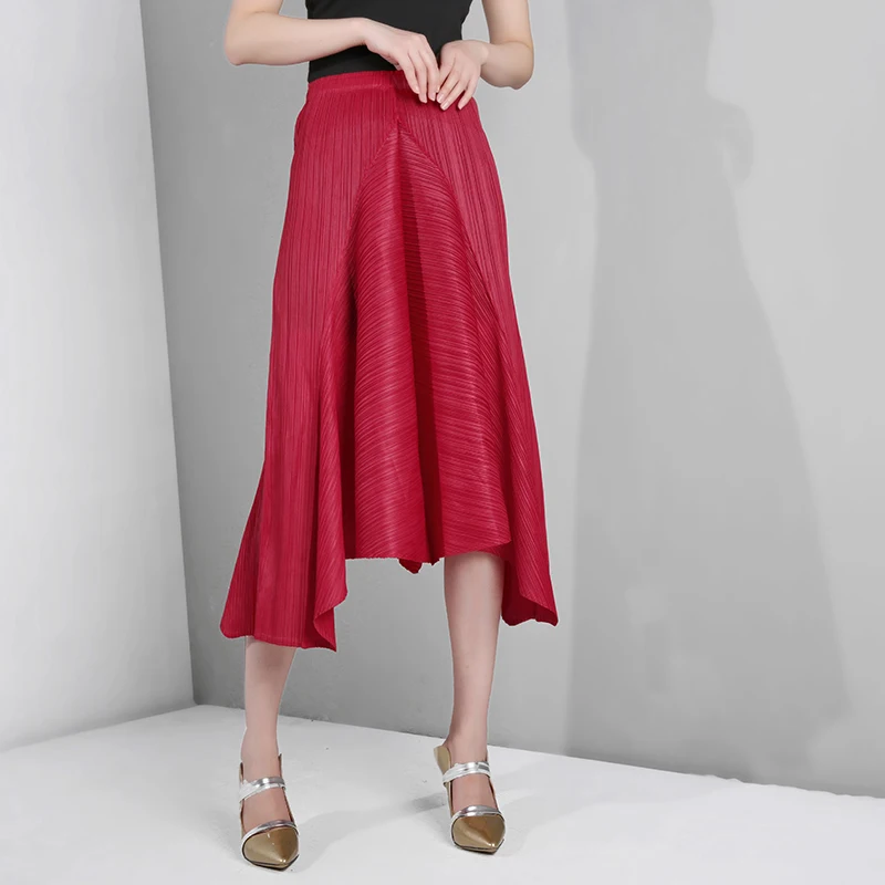 Горячая Miyake fold широкая саржа плиссированная Асимметричная плиссированная юбка винно-красная юбка