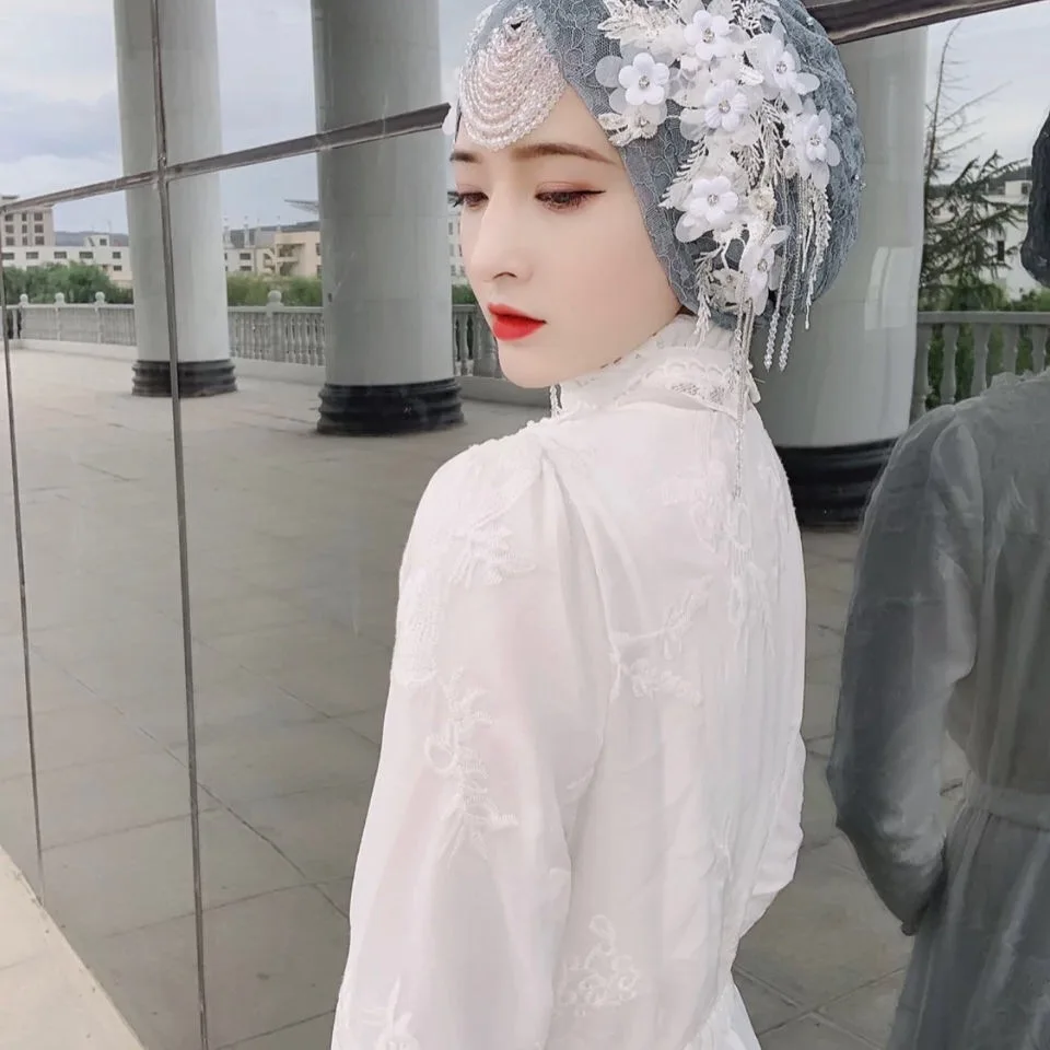 Shiny Dubai Party Hat Muslim Wedding Beaded Lace Headscarf Islamic Cap Hijab lot 