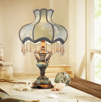 

Retro High Relief Flower Resin Table Lamp For Living Room Bedroom Bedside Fabric Lampshade With Bead Pendant Table Decor Lamps