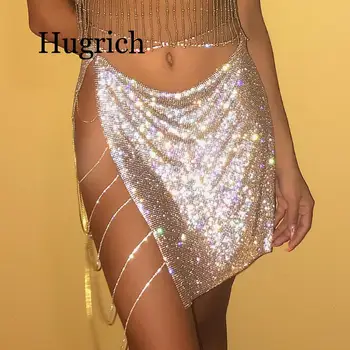 

2020 New Club Night Skirt Spring Ladies Diamond Rhinestone Side Lace Up Gold Silver Skirt Luxury Rhinestone Chain Skirt