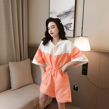 

Women Jumpsuit Romper Summer Color Patcchwork CEC Hooded Overalls Pants Slimming Short Sleeve Wide-Leg Fashion Chic Casual Style