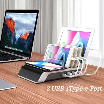 

Quick Charge 5V/2.4A 3 USB 1 Type-c Ports 1 Wireless Phone Fast Charger Cellphone Charging Station Desktop Charging Adaptor Hub