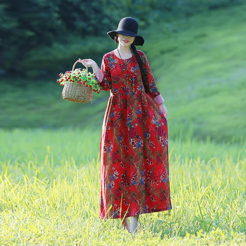 

2020 Spring New Style Retro Large Size Dress Cotton Linen Printed Long-sleeved Dress Women's Loose-Fit Crew Neck Swinging Skirt