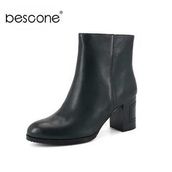 

BESCONE Fashion Ladies Boots Winter Hnadmade Zipper 7.5 cm High Heel Shoes Basic Solid Round Toe Square Heel Women Boots BC289
