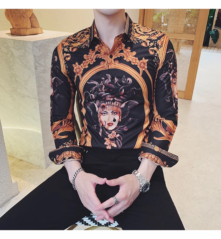 Рубашки в уличном стиле мужская одежда Camisa Homem гавайская рубашка с золотым принтом Мужская рубашка с длинными рукавами и цветочным принтом Мужская рубашка Camisa Masculina