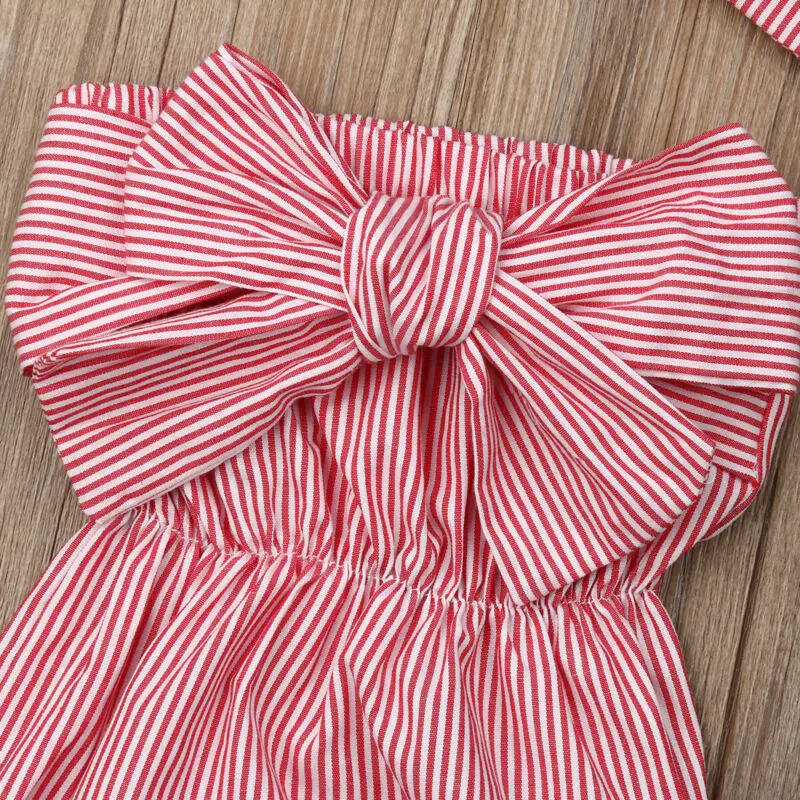 Newborn Infant Baby Girls Off Shoulder Strapless Striped Romper Large Bow Tie Jumpsuit Outfits Headband