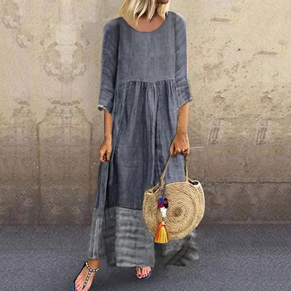 Богемное платье, новинка, женское платье, винтажное, свободное, Boho, средний рукав, градиентный принт, Ретро стиль, Круглый ворот, длинное, одноцветное, платья - Цвет: gray