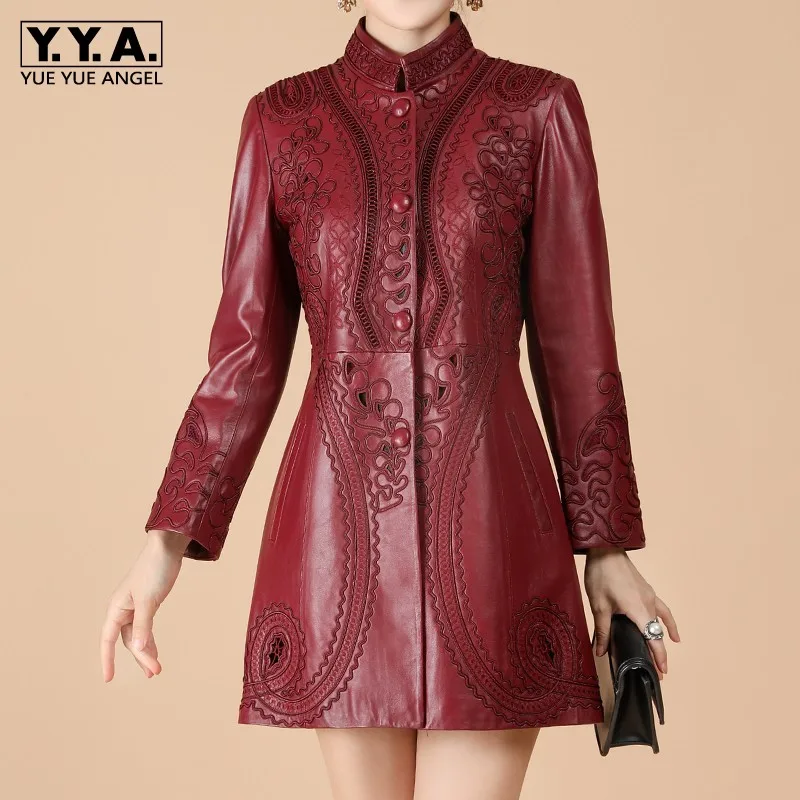 

Autumn Genuine Leather Jacket Women Hollow Out Embroidery Slim Sheepskin Coat Office Lady Medium Long Windbreaker Plus Size 6XL