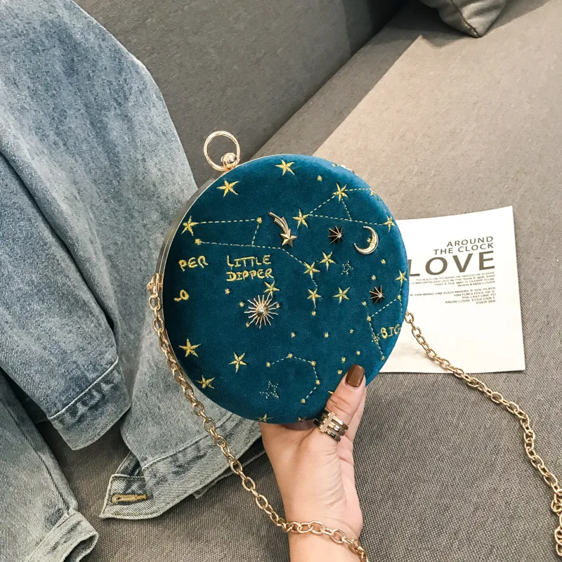 

2019Starry sky Circular Fashion Suede Shoulder Bag Chain belt Women's Crossbody Messenger Bags Ladies Purse Female Round Handbag