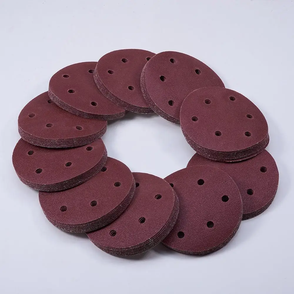 100pcs 5 inch 125mm Flocking Round Sandpapers 6 Hole 80 150 180 Grit Hook and Loop Sanding Disc For Grinding and Polishing