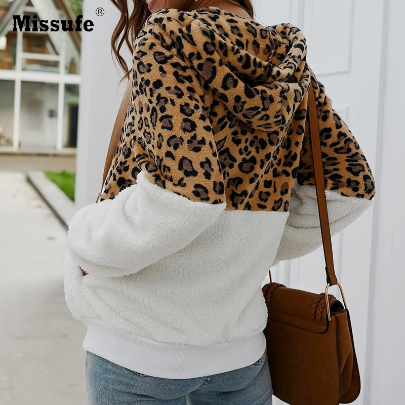 price cut  Missufe Women Winter Jacket Coat Fashion Faux Fur Jacket Plush Leopard Zipper Pocket Outwear Female