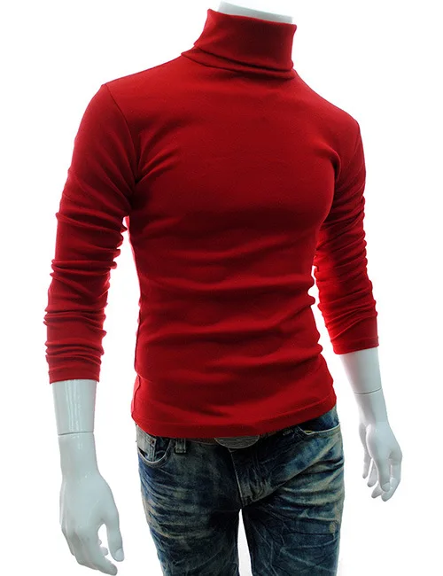 Зимний теплый мужской свитер с высоким воротником, супер стрейчевый однотонный вязаный мужской свитер, повседневные мужские свитера с двойным воротником, облегающий пуловер, топы - Цвет: Красный