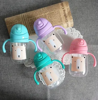 

Baby Feeding Bottles Cartoon Bear Kids Training Cups 260ML Infant Drinking Water Straw Handle Bottles Safety Silicone Sippy Cup