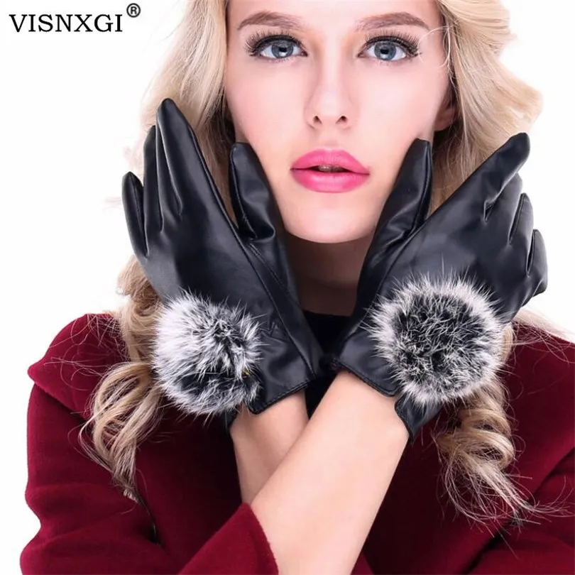 VISNXGI, женские перчатки и варежки, Искусственные кожаные перчатки, зимние ветрозащитные и бархатные теплые мужские кожаные перчатки с искусственным мехом, черные шерстяные перчатки