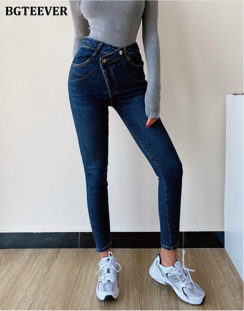 ksubi jeans BGTEEVER 2021 New Jeans Women's High Waist Stretched Hip Slim Fit Skinny Denim Jeans Female Oblique Buckle Pencil Pants Femme blue jeans