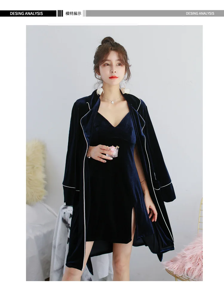 Winter New Gold Velvet Keep Warm Women Robe Set With Belt Cardigan Spaghetti Strap Twinset Sleepwear