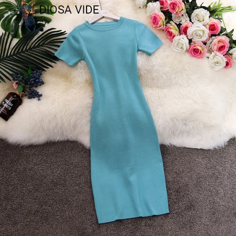 Celebrity temperament round neck short-sleeved Slim wild mid-length knitted dress female 2020 summer new style | Женская одежда