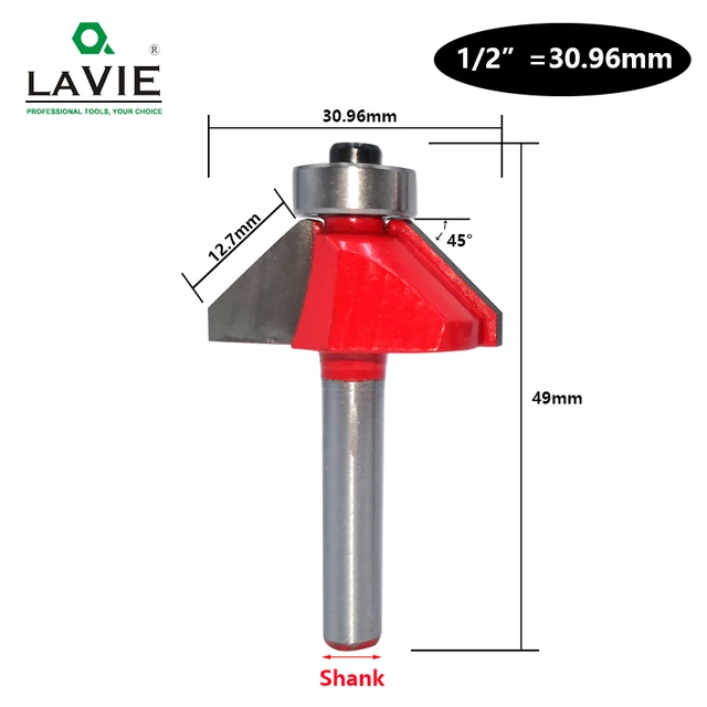 LAVIE 1pc 6mm 6.35mm Shank 45 Degree Chamfer Router Bit Edge Forming Bevel Woodworking Milling Cutter for Wood Bits MC01130 30.96mm