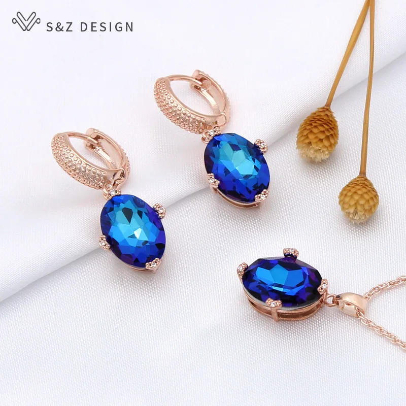 S&Z DESIGN New 585 Rose Gold Color Egg Shape Oval Dangle Earrings Jewelry Sets For Women Pendant Necklace Christmas Gift