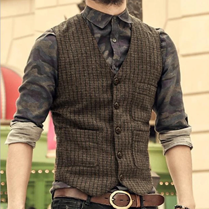 

Mens Knitted Vests Suit Herringbone Tweed Waistcoat Lapel Groomsman Tops Sweater