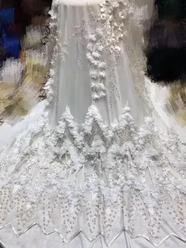 

Latest Pure White African Lace Fabric High Quality 3D Applique Lace French Tulle Mesh Lace Fabric With Beads For Wedding Dress