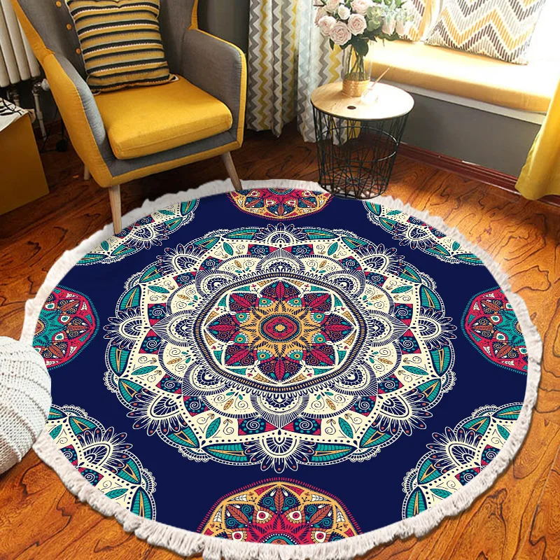 ​Home Decor Retro Bohemian Round Carpet Hand Woven Cotton Linen Carpet Rug Bedside Rug Geometric Floor Mat Living Room Carpet