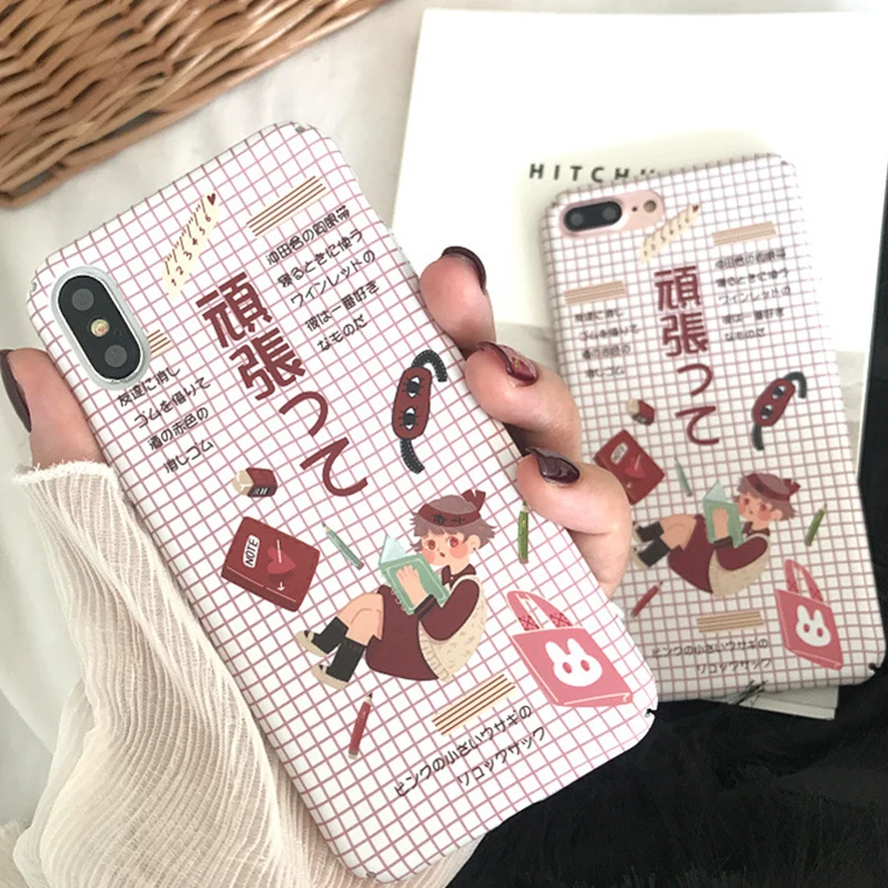 Lovely Cartoon Painting Scrub Pink Grid Phone Case for iPhone 6 6s 7 8 Plus X Xs XR Max PC Hard Back Cover |