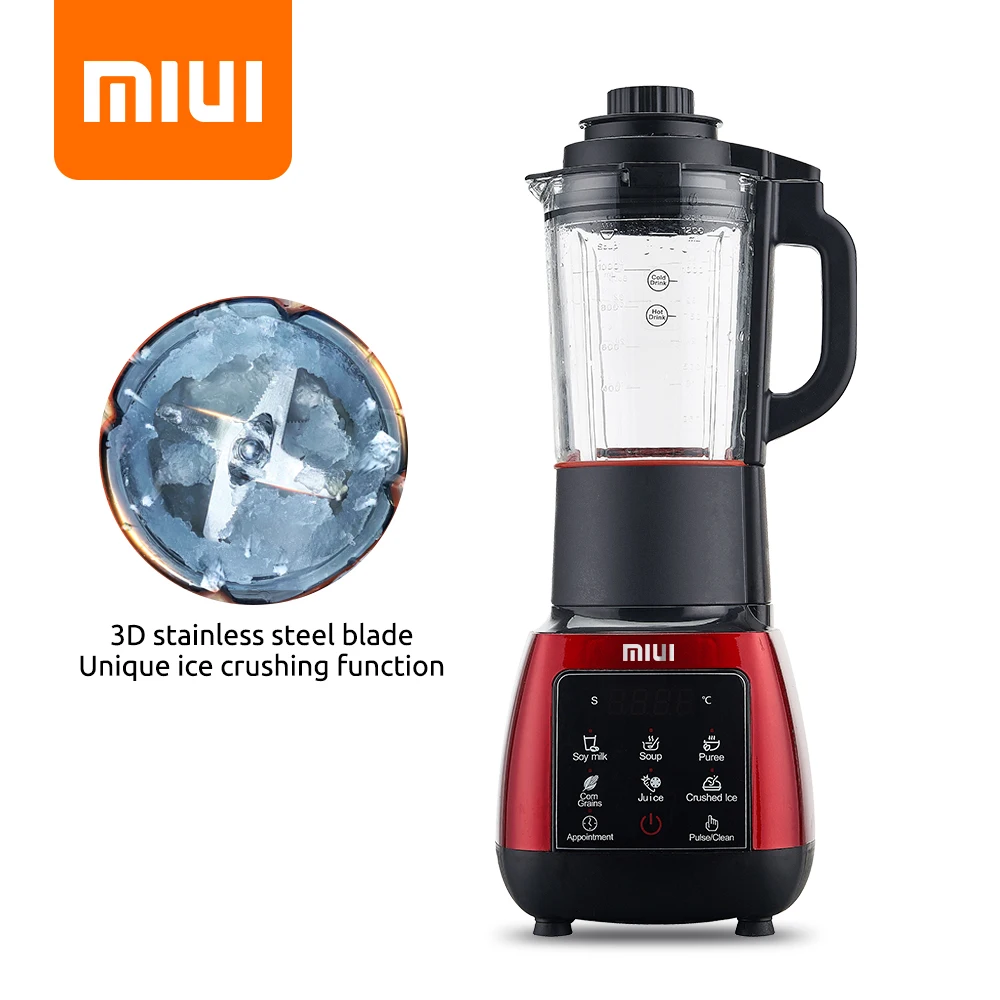 MIUI 1.2L Blender Electric Fruit Juicer Mixer Food Processor Ice Smoothie & Hot Soup Blender with Glass Cup & Automatic Timer