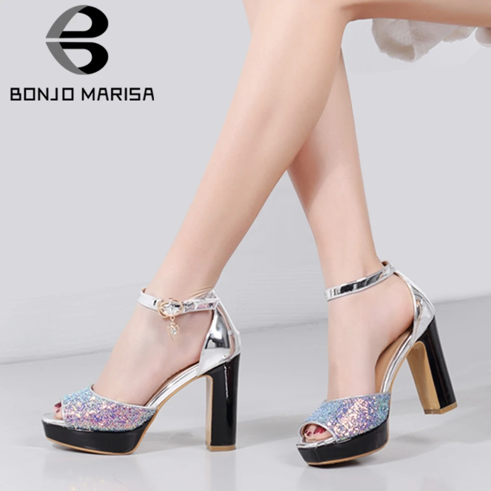 

BONJOMARISA High Heels Platform Sandals Peep Toe Ankle Strap Bling Sandals Women 2020 Summer Platform Sequined Shoes Woman