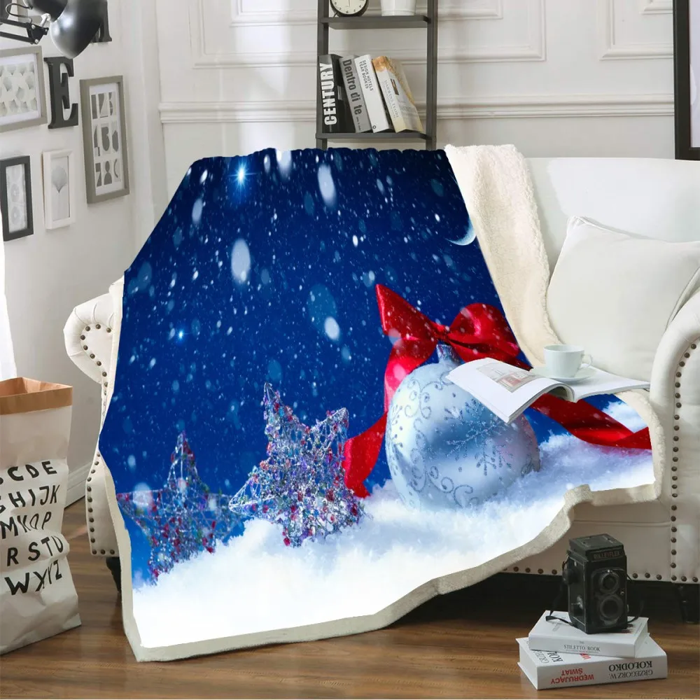 

Christmas Decorations Blue White Throw Blanket Natural View Snowflake Sherpa Fleece 3D Print Microfiber Sofa Blanket 150x200cm