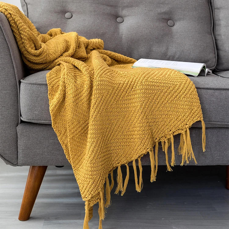 Горчично-желтое одеяло, вязаное одеяло для дивана, покрывало с бахромой, одеяло для путешествий, 130x160 см, домашний диван, кресло, кровать, 5" x 62"