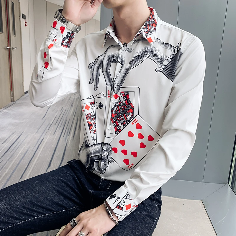 Designer Poker Printing Camisa Masculina Men Shirt Long Sleeve Casual Shirts Streetwear Socia Top Slim Fit Dress Shirt Blouse