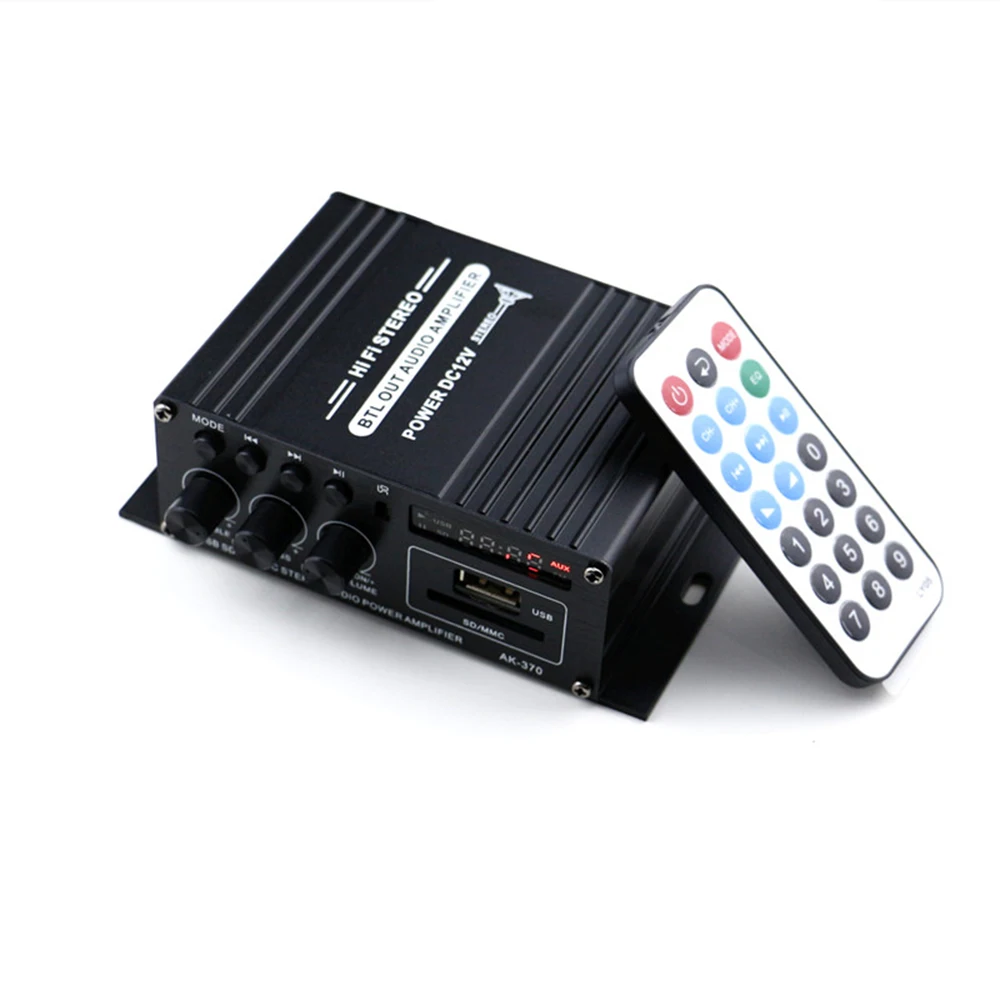 AK370 12 В мини аудио усилитель мощности USB SD MP3 FM BT цифровой аудио приемник двухканальный бас стерео усилитель для автомобиля домашнего использования