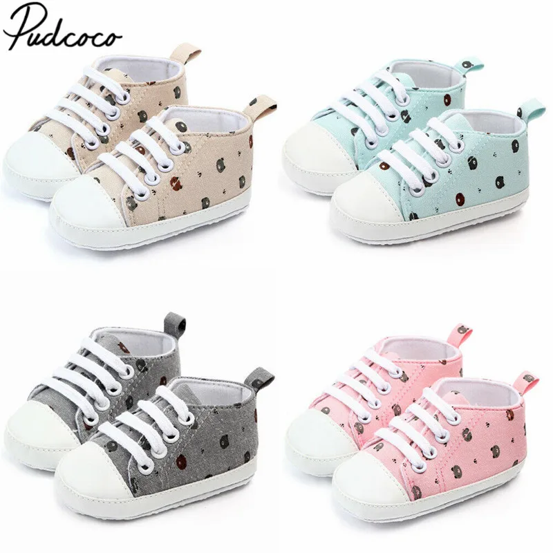 2019 Baby First Walkers Newborn Infant Baby Boy Girl Bear Printed Pram
Shoes Soft Prewalker Anti-crip Sneaker Canvas Shoes 0-18M