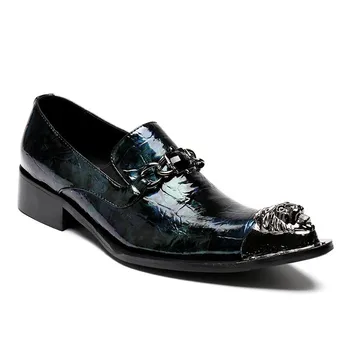 

Formal Brand Business Banquet Men Genuine Leather Metal Toes Block Heels Wedding Party Dress Shoes Luxury Loafers Footwear