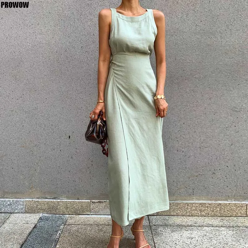 2020 New Summer Vintage Sleeveless Solid Dress For Women Office O Neck Off Shoulder High Waist Bandage Midi Dresses Female