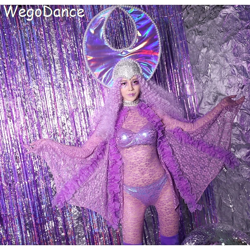 

Custom Women Bar Ds Costumes New Sexy Nightclub Gogo Collar Dance Costumes Beautiful Lace Catwalk Stage Wear Purple