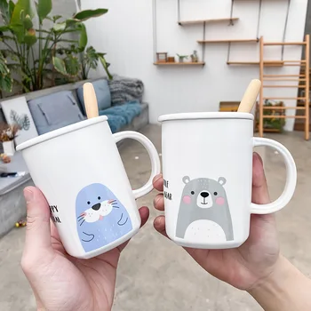 

Cup with Spoon Cartoon Mugs Ceramic Mug with Lid Kitchen Utensils Cup Mug for Coffee Glass Reusable Eco-friendly Coffee Ceramic