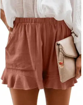 

Summer 2020 Women's Clothing Thermal Casual Shorts Loose Breathable Pocket Ruffled Shorts Solid Color Simple Fashion S-2XL