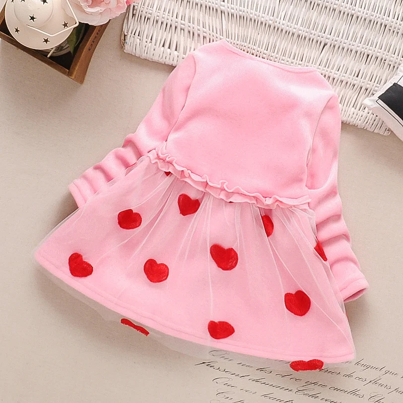 2 3 4 5 6 7 8 Years Children Kids Girls Autumn Winter Velvet Dresses Red Love Kids Tutu Mesh Dress Long Sleeve Princess Dresses