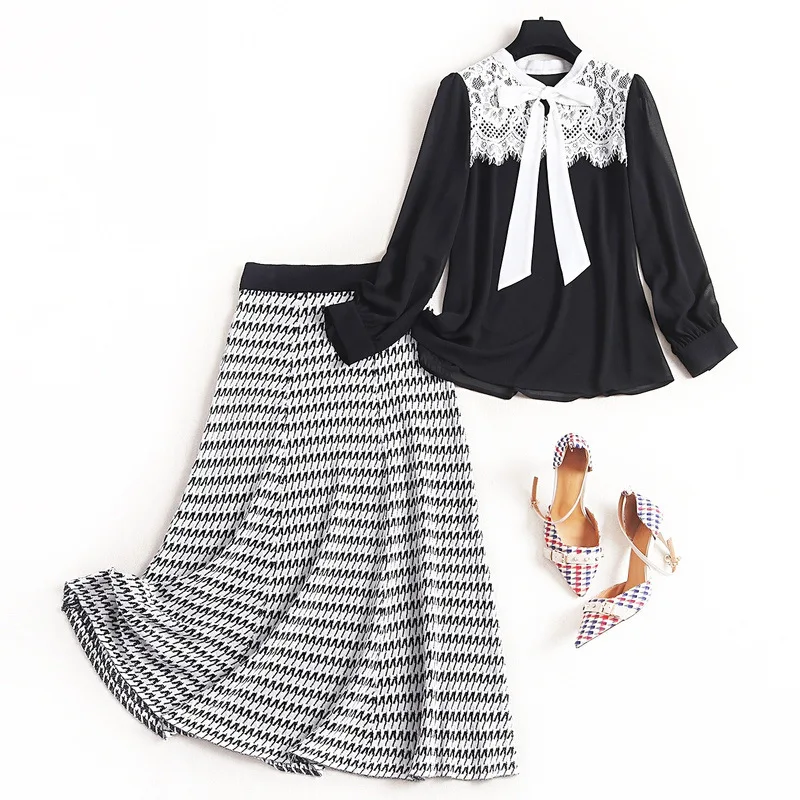 

Fashion Matching Sets Patchwork Lace Blouse Women +knitted Skirts High Street 2 Piece Outfits for Women Designer High Quality