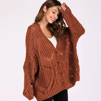 

Casual Knitted Cardigan Women Coat Solid 2019 Autumn Winter Fashion V-Neck Long Sleeve Croche Hollow Out Loose Sweater Coat Tops