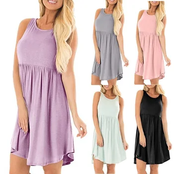 

Madam clothing OWLPRINCESS 2019 New Style WOMEN'S Dress Crew Neck Sleeveless Solid Color Pleated Dress