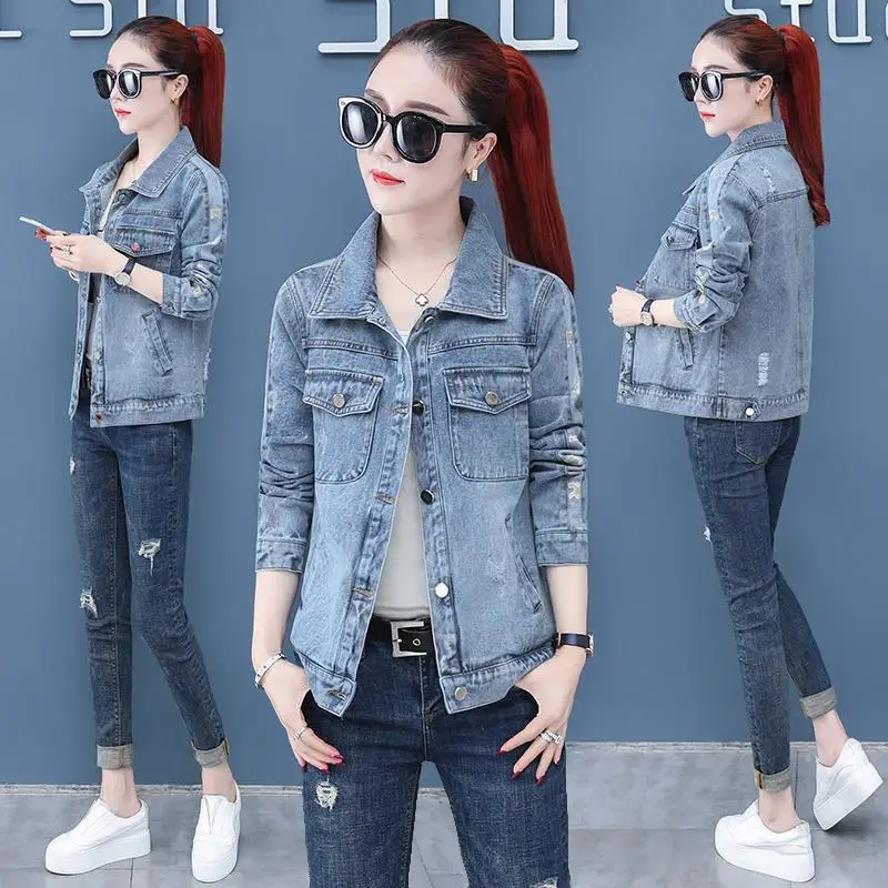 2022Female Spring Autumn New Korean Coat Women Loose Ripped Denim Jacket Women Buttons Embroidered Denim Jacket Vintage A147 2023 woman jean stretch flare high waist jeans buttons for women denim pants plus size wide leg skinny pant new autumn winter