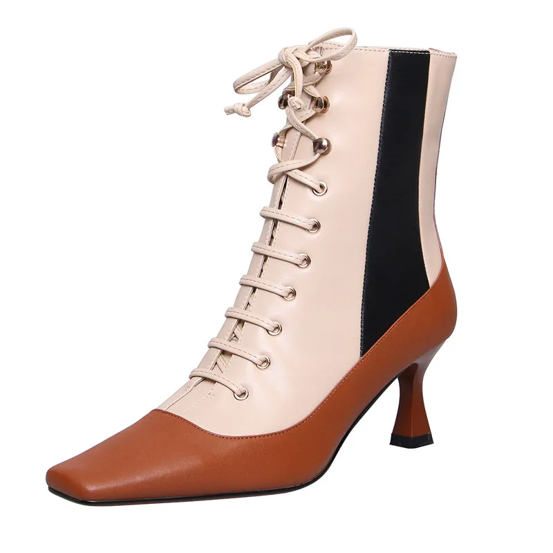 ASUMER/Большие размеры 34-42; новые модные ботинки из натуральной кожи; женские разноцветные ботинки с квадратным носком; сезон осень-зима; ботильоны с перекрестной шнуровкой - Цвет: brown not fur