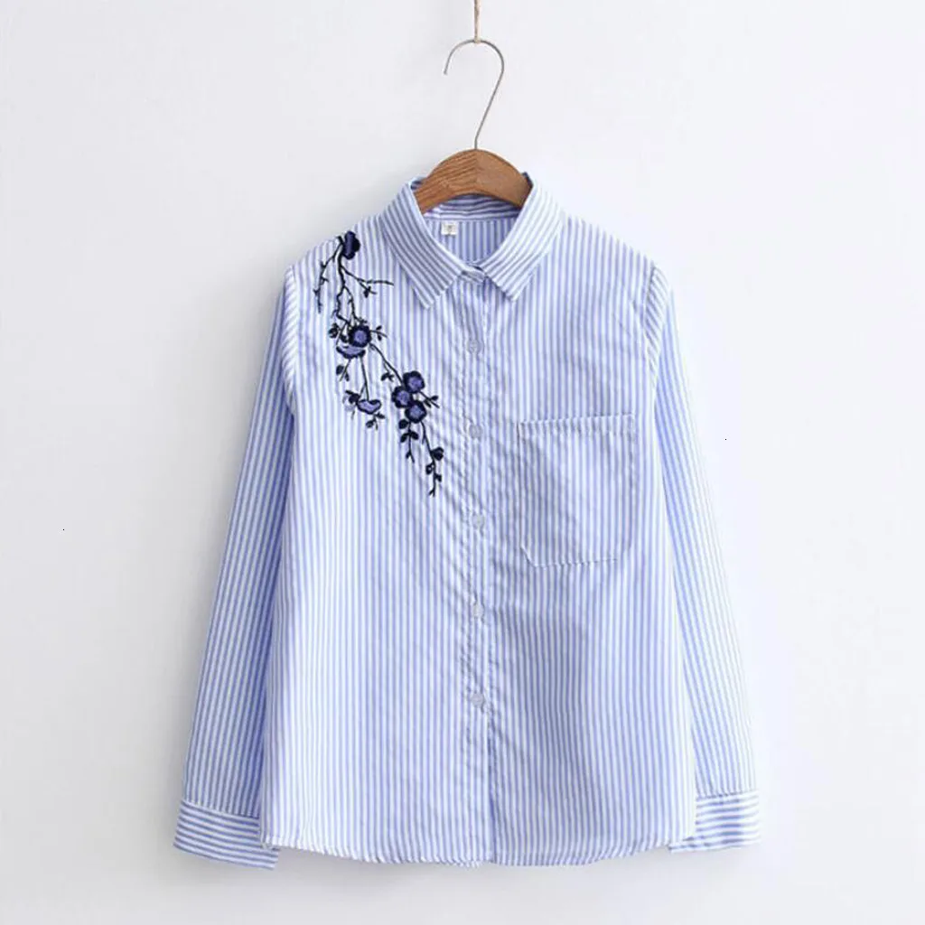 Women Blouse Long Sleeve Embroidered Striped Print Korean Shirt Casual blusas mujer de moda 2019 womens tops and blouses NEW |