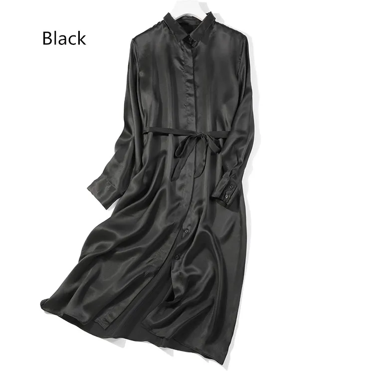 Женское Летнее шелковое платье, многоцветные платья из натурального шелка, элегантное платье, повседневное праздничное длинное платье-рубашка из натурального шелка - Цвет: Black