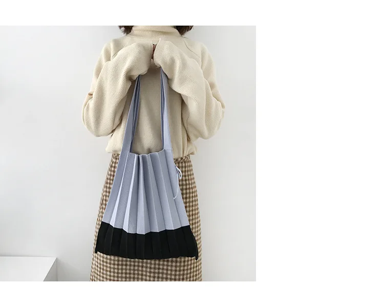 Wool knitting Pleated Bags Patchwork Drawstring Shopping Bags Girls Causal Large Shoulder Bag Korean Japanese Chic Small Handbag