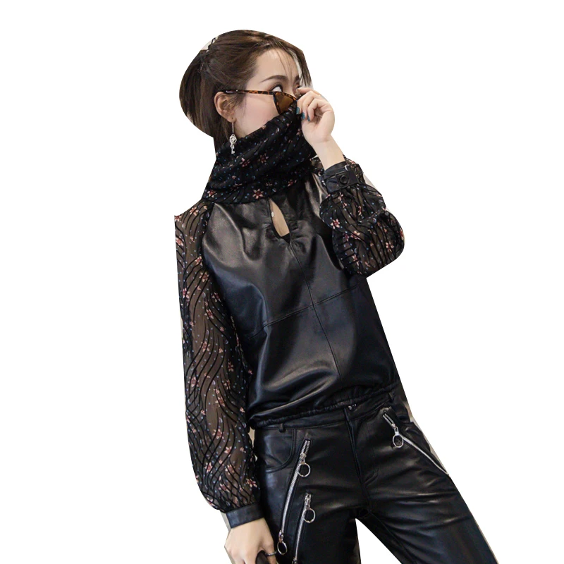 Steetwear Vrouwelijke Losse Echte Schapen Lederen Chiffon Spliced Schapenvacht Vrouwen Solid Black Lange Mouwen Flower Gedrukt Fashion Blouse